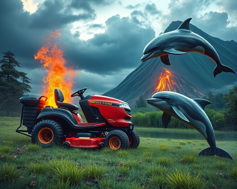 lawn mower, volcano, dolphin